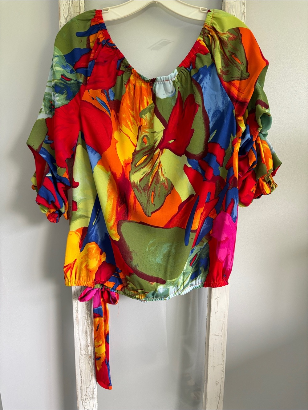 CeCe Multicolor Abstract Off-Shoulder Tie-Hem Blouse - Picture 5 of 7